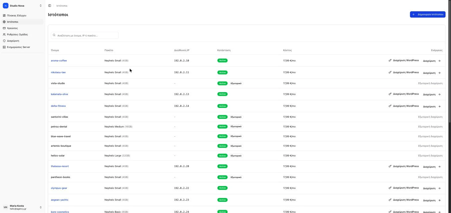 The Nephelo site list showing personal projects and client sites with status, cost and quick actions
